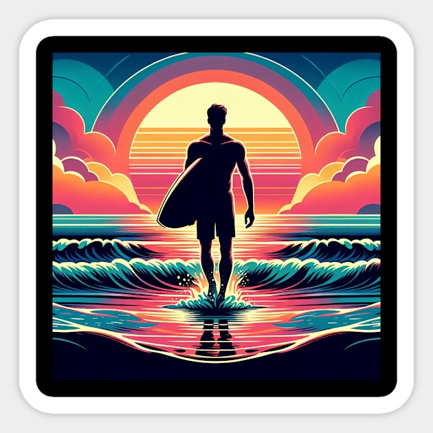 Sunset Surfer's Stride Sticker by shipwrecked2020